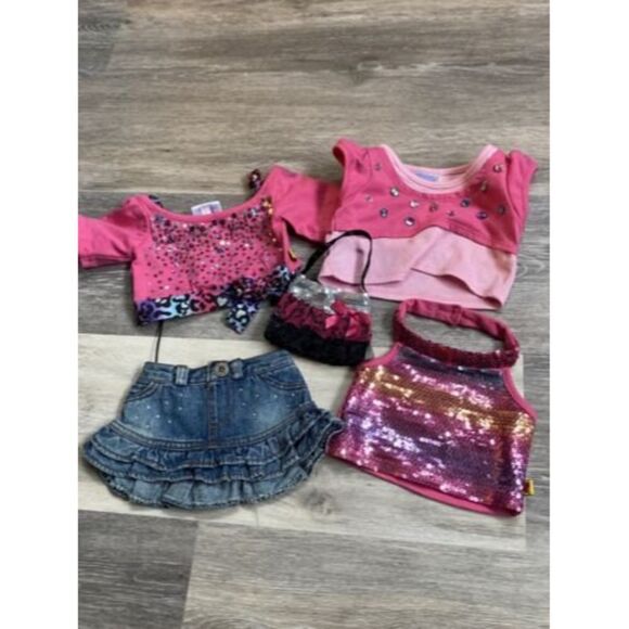 Build A Bear LOT 5 Clothes PINK SEQUIN Halter Top Shiny Sparkle Purse, Skirt - Picture 1 of 9